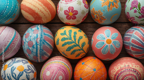 Collezione di uova di Pasqua colorate con decorazioni floreali dipinte a mano su sfondo di legno. Generative AI