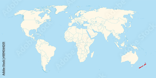 Detailed world map view featuring the island nation of New Zealand highlighted in red color contrast