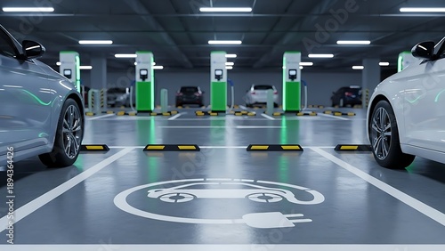 Modern electric vehicle charging station in a well-lit underground parking garage with designated spots.