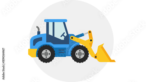 Blue and Yellow Backhoe Loader Illustration.