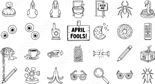 April Fools Day Pranks and Jokes Line Art Icons - Holiday Celebration Vector