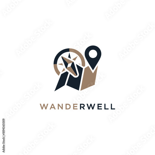 Wanderwell Logo with Compass, Map, and Location Pin.