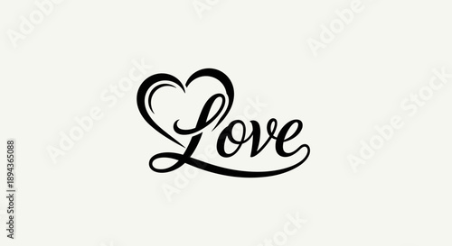 Love word in cursive script with heart.