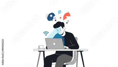 Man Working on Laptop with Social Media Icons.
