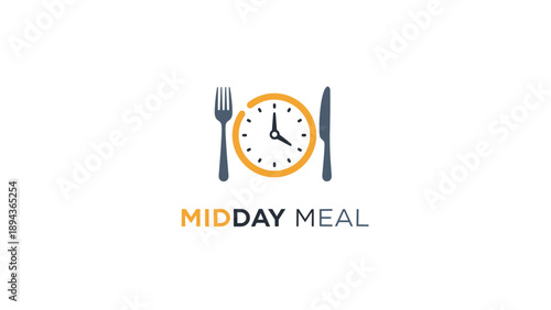 Midday Meal Logo with Clock and Utensils.