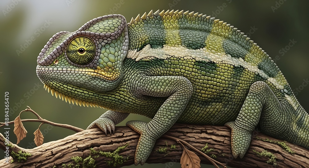 Obraz premium A vibrant green chameleon perched on a branch, showcasing its unique camouflage and detailed texture in a natural forest setting from a side view.