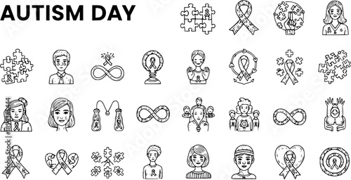 Autism Awareness Day Vector Icons Set. Hand-drawn Black and White Line Art Collection of Symbols: Puzzle Pieces, Ribbons, Diverse People for Support and Inclusion.