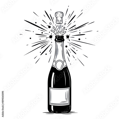 Champagne Bottle Popping Cork with Bursting Bubbles and Splashes