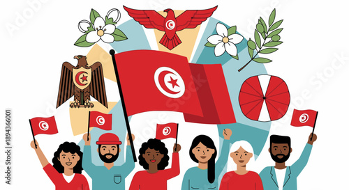 Tunisian People Holding Flags and Symbols.