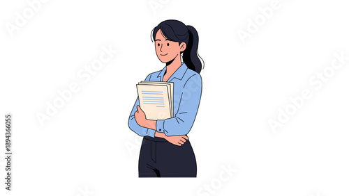 Woman holding documents and smiling confidently.