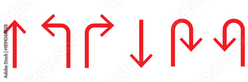 Set of black directional arrow icons including U turn, right turn, left turn, and straight arrows. Simple vector signs for traffic, navigation, and road directions