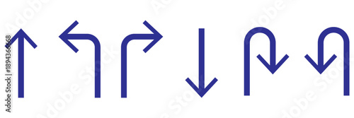 Set of black directional arrow icons including U turn, right turn, left turn, and straight arrows. Simple vector signs for traffic, navigation, and road directions