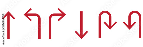Set of black directional arrow icons including U turn, right turn, left turn, and straight arrows. Simple vector signs for traffic, navigation, and road directions