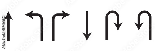 Set of black directional arrow icons including U turn, right turn, left turn, and straight arrows. Simple vector signs for traffic, navigation, and road directions
