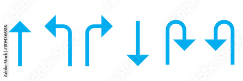 Set of black directional arrow icons including U turn, right turn, left turn, and straight arrows. Simple vector signs for traffic, navigation, and road directions