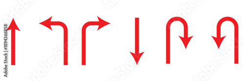 Set of black directional arrow icons including U turn, right turn, left turn, and straight arrows. Simple vector signs for traffic, navigation, and road directions