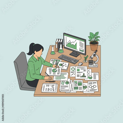 Scientist analyzing data at desk with computer, microscope, and charts