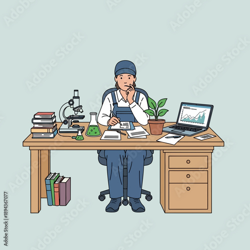 Scientist working at a desk with microscope, laptop, and books