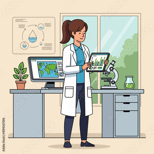 Scientist presenting data on tablet in laboratory