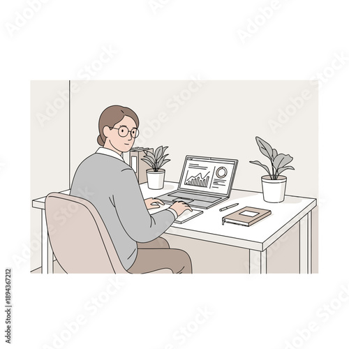 Woman working on laptop at desk with plants and notebook