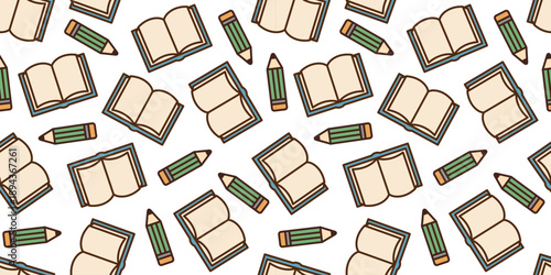 ノートと鉛筆のシームレス背景画像。（Seamless background image of notebooks and pencils.）
