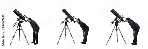 Vászonkép Man looking through professional astronomical telescope on white background