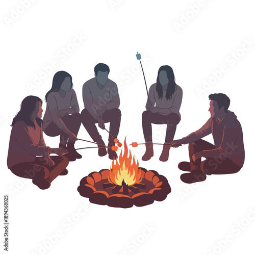 Friends roasting marshmallows over campfire, enjoying outdoor leisure activity