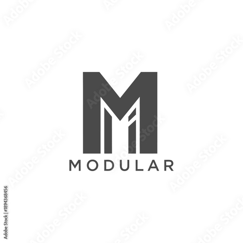 Bold geometric letter M with negative space pillar icon for industrial construction and modular home building company logo design MODULAR