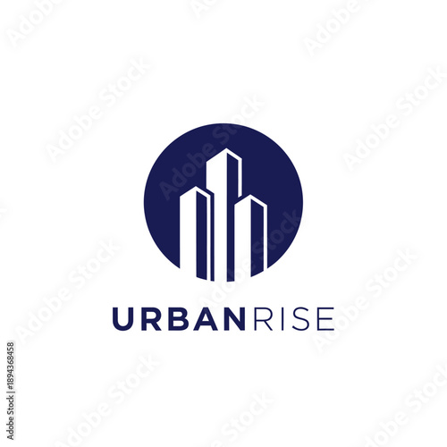 Three modern skyscraper towers in a dark blue circle icon for commercial real estate or property developer corporate identity logo URBANRISE