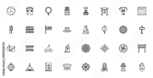 Buddhism icon set. Vector symbols pack. Includes Gankyil, Buddha, Mandala, Lotus, Prayer Wheel, Incense, Temple, Monk, Dharma Wheel and more. Editable stroke.