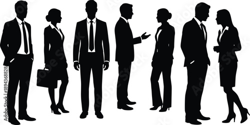 Black silhouette vector of business people standing and talking, men and women with briefcase isolated on white background for corporate team design.