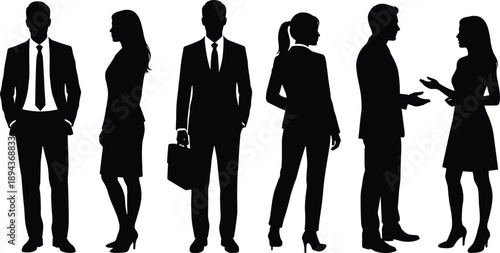 Black silhouette vector of business people standing in row, men and women talking and holding briefcase, isolated on white background for corporate design.
