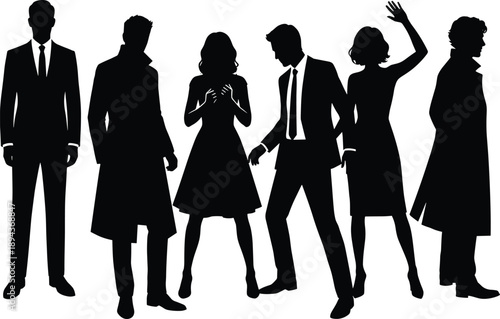 Black silhouette vector of people wearing coats and suits, men and women standing and posing, isolated on white background for fashion design.