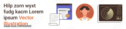Finance, technology, business operations, data analysis, profile management, visual interfaces. Invoice paper, user portrait and radar screen icons. Finance and technology illustrated
