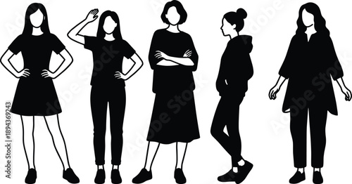 Vector illustration set of five young fashionable women silhouettes wearing casual stylish clothing standing in different poses isolated on white background.