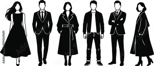 Vector illustration set of six fashionable men and women silhouettes wearing various business and casual outfits isolated on white background.