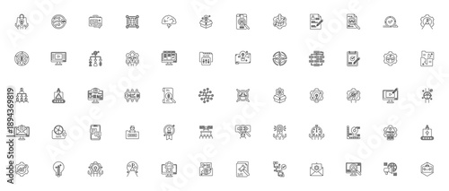 Project Management icon set. Vector illustration with symbols for agile, workflow, brainstorming, analysis, budgeting, and more. Editable stroke icons.