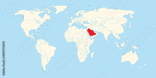 World map illustration highlighting Saudi Arabia in red on the Arabian Peninsula with clean blue background