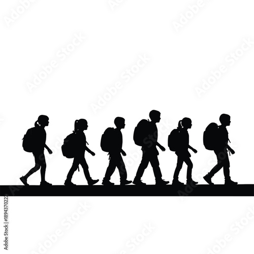 Journey of Explorers: Silhouetted figures of young explorers embark on an adventure, each carrying a backpack, as they walk into the unknown.