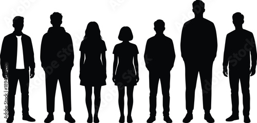 Vector illustration of diverse group people standing together, silhouettes of men and women in casual clothing, community teamwork concept isolated on white background. (24 words)