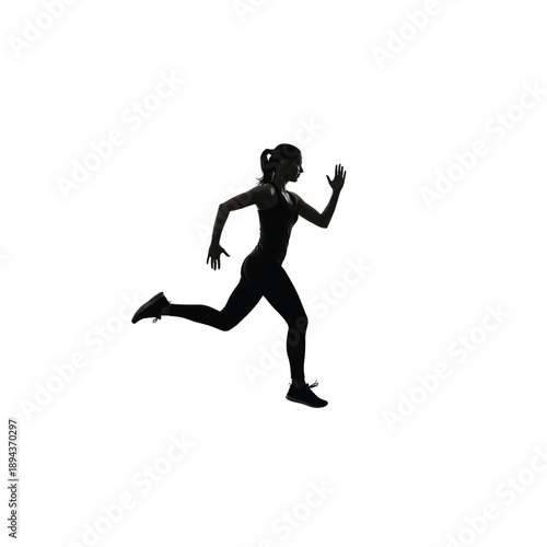 Silhouette of a Runner in Action: A dynamic silhouette of a runner in full stride, her form highlighting the grace of motion and the spirit of determination and strength.