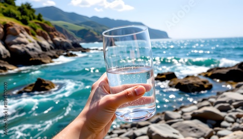 Refreshing Glass of Water Toasting Against Scenic Beach and Ocean Waves under Clear Sky with Rocky Shoreline in Background