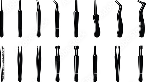 Professional tweezers vector silhouettes set, precision medical tools icons, beauty salon equipment collection, surgical instrument illustrations, electronics repair tool graphics, 