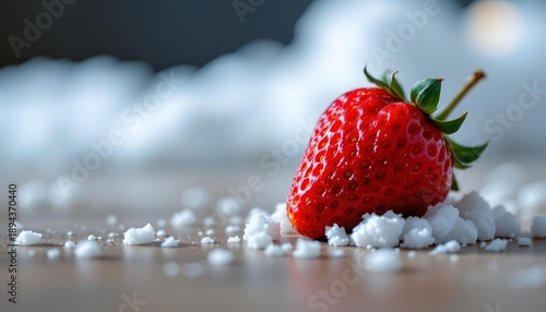 Fresh Strawberry on a Wooden Surface Surrounded by Sugar Crystals Capturing the Essence of Natural Sweetness and Culinary Delight