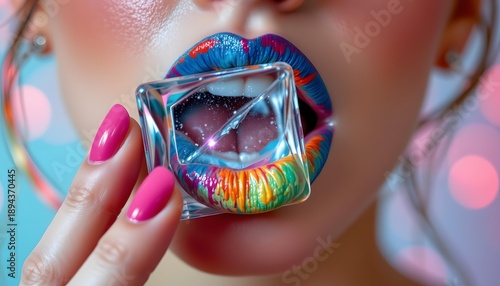 Vibrant Close-up of Woman's Lips with Colorful Makeup Holding Transparent Cube Against Soft Bokeh Background