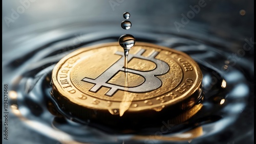 Wallpaper Mural A bitcoin coin floats on water, a drop falls Torontodigital.ca