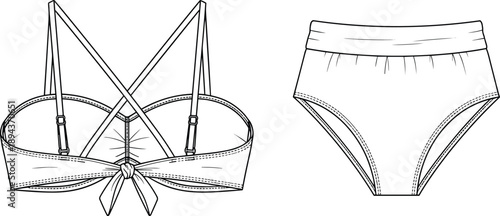 Women's swimwear set, bikini technical fashion illustration, strappy back top, high waist bottom, vector flat sketch, apparel design template.