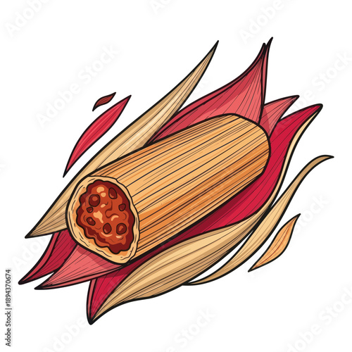 Delicious Tamale Wrapped in Corn Husk with Fiery Red Accents