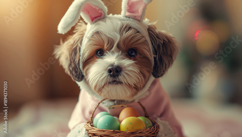 うさぎの衣装でおめかしした犬、イースターの季節感が伝わる親しみやすい素材.生成AI