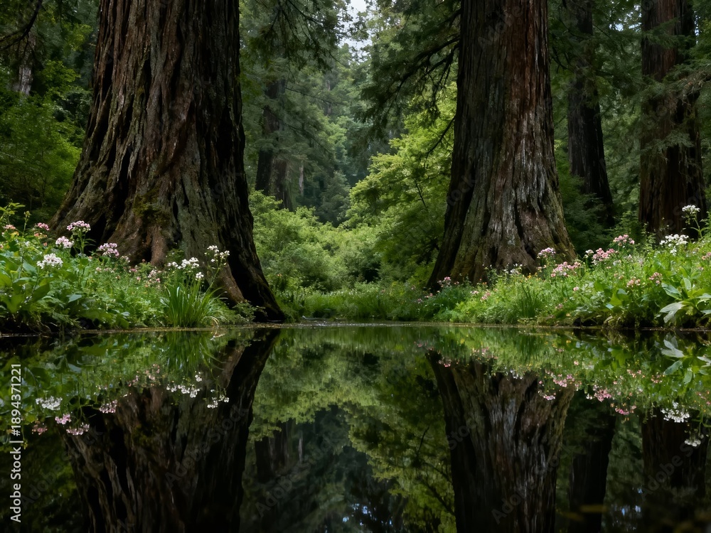 Obraz premium Reflection of tall trees in a calm forest pond surrounded by greenery and wildflowers